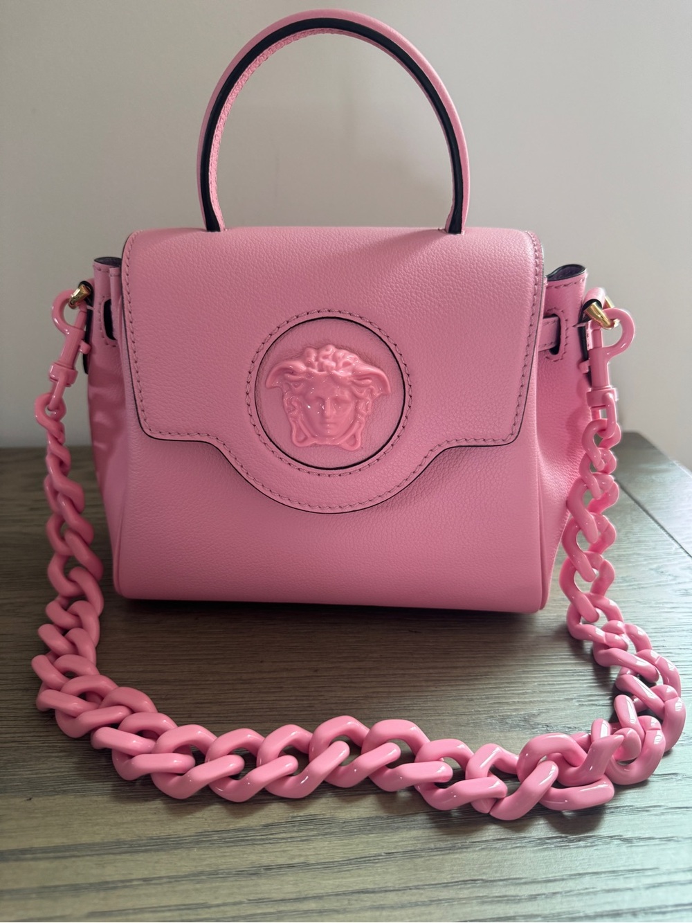 Versace La Medusa Small Pink Leather Top-Handle Bag with Chain Strap